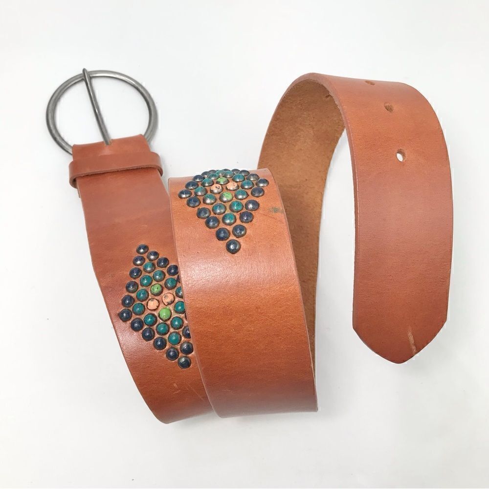 Genuine Brown Leather Circle Buckle Multicolor Stud Diamond Retro Belt